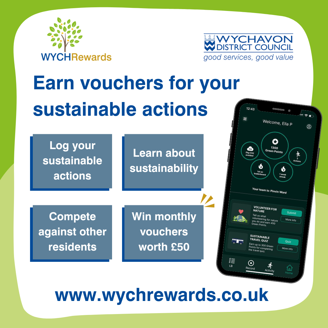 A graphic showing a mobile phone with four grey boxes on showing the steps people can take to sign up to WychRewards.